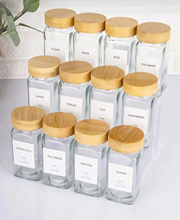 ✨ Premium Cam Baharat Kavanozu Seti 12’li – Ahşap Kapaklı & Etiketli | Mutfak Düzenleme Organizeri