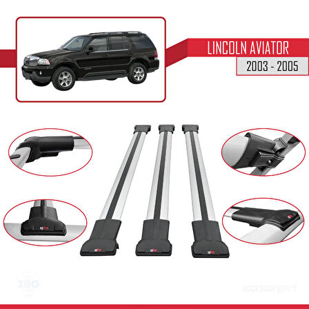 Lincoln Aviator 2003-2005 Arası ile Uyumlu FLY Model Ara Atkı Tavan Barı Gri 3 Adet