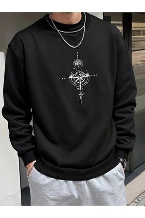 Unisex Yön Gösteren Pusula Tasarım Baskılı Bisiklet Yaka Sweatshirt