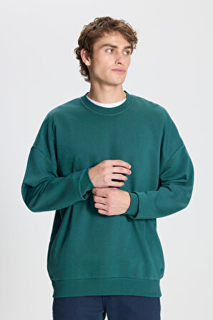 Erkek Koyu Yeşil Oversize Bol Kesim 3 Iplik Bisiklet Yaka Pamuklu Sweatshirt