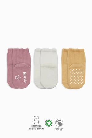 Basic Kaymaz Penye Soket Çorap 3'Lü BS10107 Pudra Ekru Somon