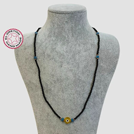Uretti - Tuğba 6667 - El Yapımı Kum Boncuk Nazar Boncuğu Figürlü Kolye - Siyah - 43 Cm