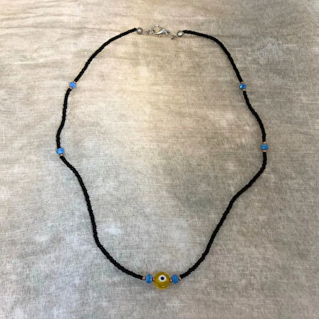 Uretti - Tuğba 6667 - El Yapımı Kum Boncuk Nazar Boncuğu Figürlü Kolye - Siyah - 43 Cm
