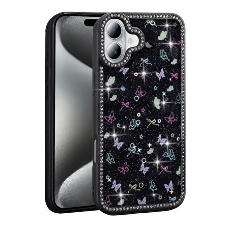 Apple iPhone 16 Uyumlu Kılıf Taşlı ve Simli Tasarım Azra Kapak