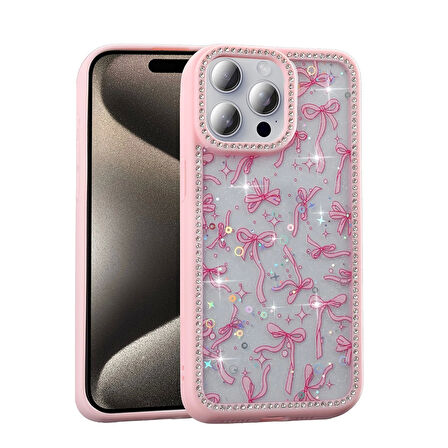 Apple iPhone 15 Pro Max Uyumlu Kılıf Taşlı ve Simli Tasarım Azra Kapak