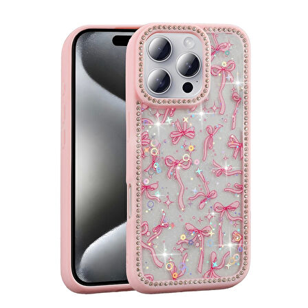 Apple iPhone 16 Pro Max Uyumlu Kılıf Taşlı ve Simli Tasarım Azra Kapak