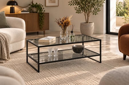 Füme Camlı Siyah Orta Sehpa Çift Raflı Modern Tasarım 90*50*46 cm