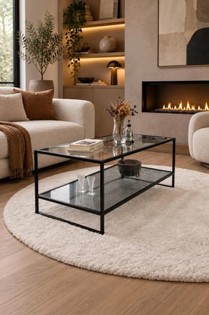 Füme Camlı Siyah Orta Sehpa Çift Raflı Modern Tasarım 90*50*46 cm