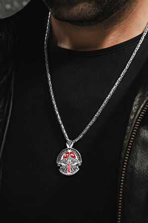 Erkek Gümüş Kolye - İntikam Yemini İşlemeli Bozkurt Model Kral Zincirli Erkek Kolye