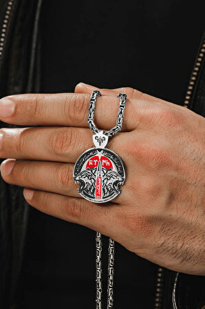 Erkek Gümüş Kolye - İntikam Yemini İşlemeli Bozkurt Model Kral Zincirli Erkek Kolye