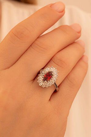 Kadın Gümüş Yüzük - Mekik Model Yakut Taşlı Baget Süslemeli Rodyumlu Kadın Yüzük