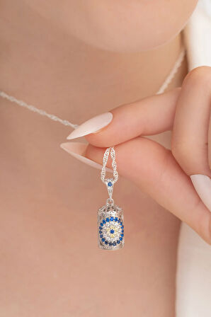 Mavi Taşlı Kadın Gümüş Muska Cevşen Kolye