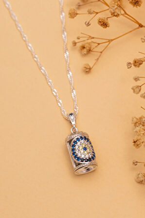 Mavi Taşlı Kadın Gümüş Muska Cevşen Kolye