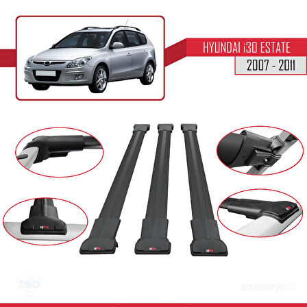 Hyundai i30 (FD) SW 2007-2011 Arası ile Uyumlu FLY Model Ara Atkı Tavan Barı Siyah 3 Adet