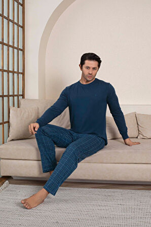 Erkek Bisiklet Yaka Düğmesiz Ekose Desen Modal Mevsimlik Uzun Kol Manşetli Cepli Pijama Takımı