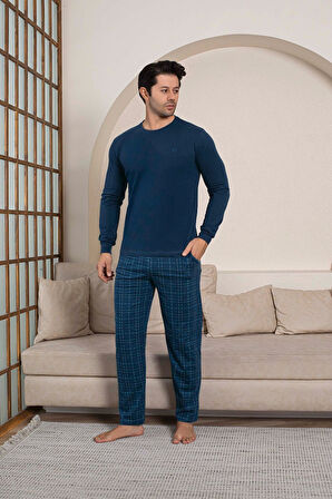 Erkek Bisiklet Yaka Düğmesiz Ekose Desen Modal Mevsimlik Uzun Kol Manşetli Cepli Pijama Takımı