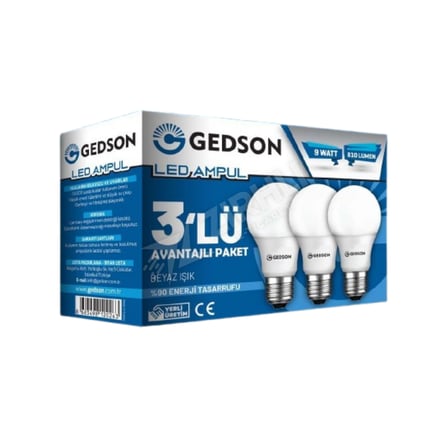 2 ADET Gedson Led Ampul 9 Wat Beyaz Işık Eko Avantajlı Paket 3'lü