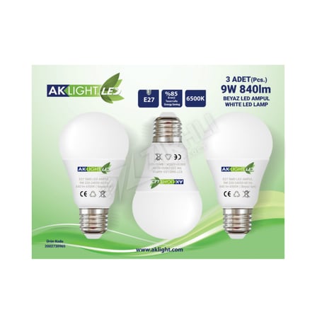 4 ADET Aklight Led Ampul 9W E27 Beyaz Işık 3'lü