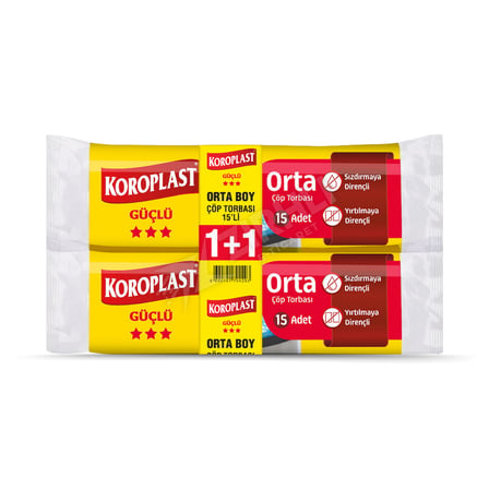 3 ADET Koroplast Güçlü Orta Boy Mavi Çöp Torbası 15'li  1+1