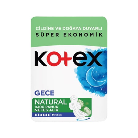 Kotex Natural Süper Ekonomik Hijyenik Ped Gece 14'lü - %0 Boya, Klor, Parfüm 2'li Ekonomik Paket - 2 Adet
