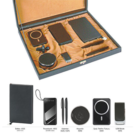 VIP Hediyelik Set - Powerbank, Defter, Kalem, USB Bellek, Hoparlör ve Kartvizitlik (6’lı Kurum Seti)