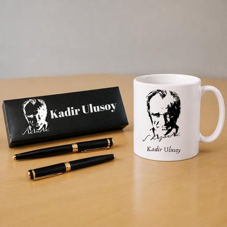 Kişiye Özel İsimli Atatürk Temalı Hediye Seti - Atatürk İmzalı Kupa Bardak, Dolma Kalem & Roller Kalem Seti