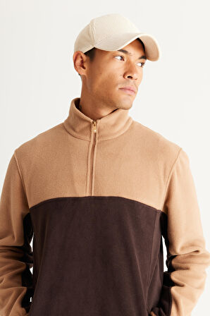 Erkek Sutlu Kahve-kahve Standart Fit Normal Kesim Günlük Rahat Çift Renkli Polar Spor Sweatshirt