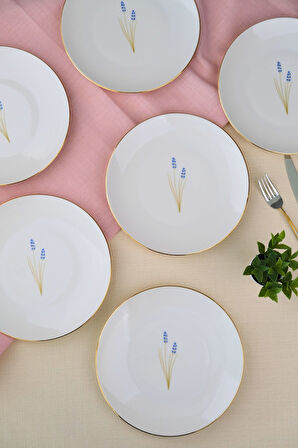 Tabak Evi Porselen Natura Lavanta Altın Yaldız Pasta Tabağı 20,50cm 6 lı
