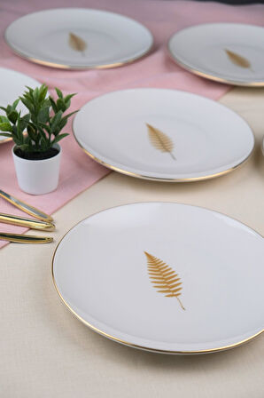 Tabak Evi Porselen Natura Fern Altın Yaldız Pasta Tabağı 20,50cm 4 lü