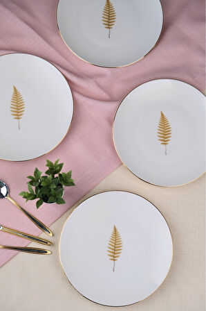 Tabak Evi Porselen Natura Fern Altın Yaldız Pasta Tabağı 20,50cm 4 lü