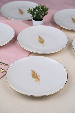 Tabak Evi Porselen Natura Fern Altın Yaldız Pasta Tabağı 20,50cm 6 lı
