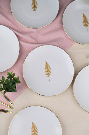 Tabak Evi Porselen Natura Fern Altın Yaldız Pasta Tabağı 20,50cm 6 lı