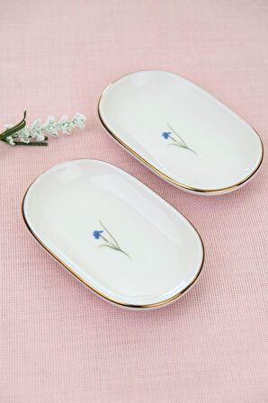 Tabak Evi Porselen Natura İris Altın Yaldızlı Oval Kayık Tabak 13,50x8,50x2,50cm 2 Lİ