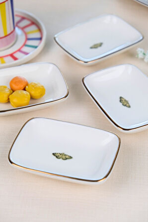 Tabak Evi Kelebek Altın Yaldızlı Dikdörtgen Kayık Tabak 10x7x2cm 4 LÜ