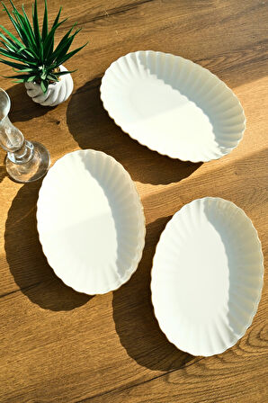 Kütahya Porselen Bone Luz Form Kayık Tabak Seti Altın 3 Parça