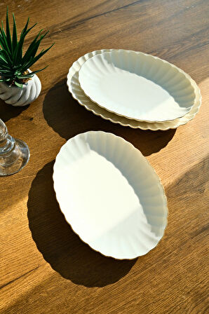 Kütahya Porselen Bone Luz Form Kayık Tabak Seti Altın 3 Parça