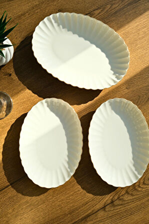 Kütahya Porselen Bone Luz Form Kayık Tabak Seti Altın 3 Parça