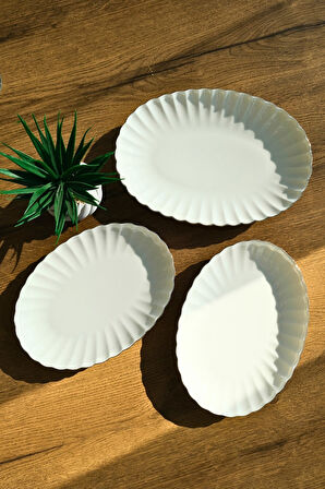 Kütahya Porselen Bone Luz Form Kayık Tabak Seti Platin 3 Parça