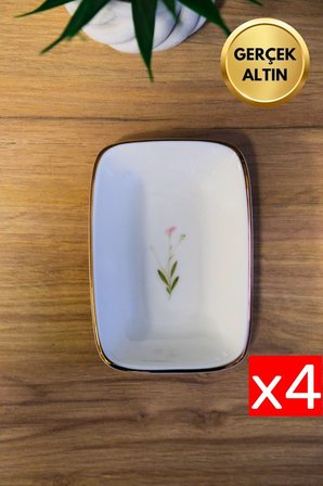 Tabak Evi Porselen Natura Çuha Altın Yaldızlı Dikdörtgen Kayık Tabak 14X9,8cm 4 lü