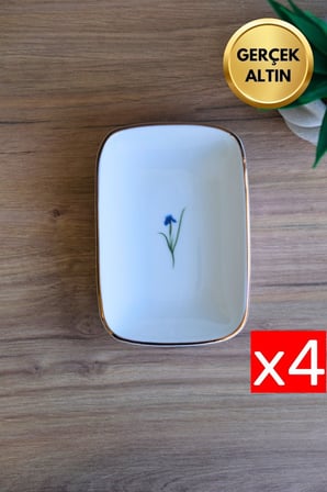 Tabak Evi Porselen Natura İris Altın Yaldızlı Dikdörtgen Kayık Tabak 14X9,8cm 4 lü