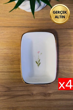 Tabak Evi Porselen Natura Çuha Altın Yaldızlı Dikdörtgen Kayık Tabak 12x8,50cm 4 lü