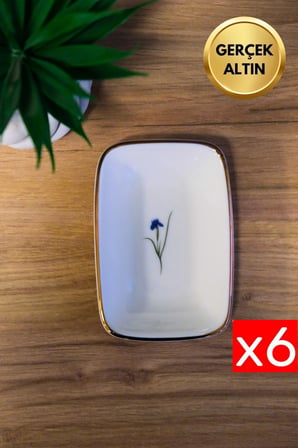 Tabak Evi Porselen Natura İris Altın Yaldızlı Dikdörtgen Kayık Tabak 12x8,50cm 6 lı
