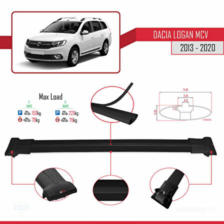 Dacia Logan 2 MCV (K52) 2013-2020 Arası ile Uyumlu FLY Model Ara Atkı Tavan Barı Siyah 2 Adet