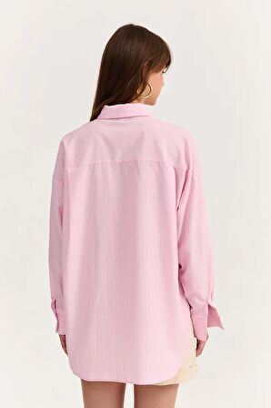 Çizgi Detaylı Oversize Gömlek Pembe