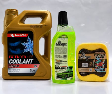 PETROL OFİSİ ANTİFRİZ EXTENDET LİFE COOLANT ORGANİK 3 Litre + Oto Şampuan 1000 ml + Yıkama Süngeri