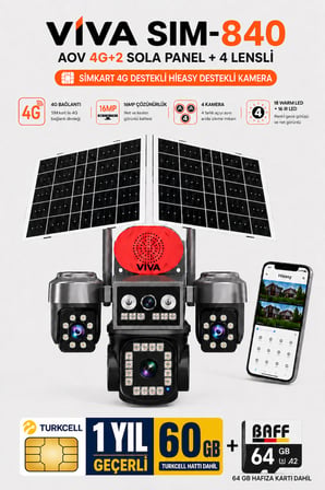 Sim-840 Çift Güneş Panelli 4G Sim Kartlı Kablosuz 4 Lensli Güvenlik Kamerası 16MP PTZ 60 GB İnternetli Sim Kart + 64 GB Hafıza Kartı Dahil