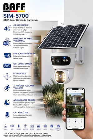 Baff SIM-5700 6MP 4G SIM Kartlı Solar Güvenlik Kamerası Çift Lens PTZ Renkli Gece Görüşlü + 96GB SIM Kart Dahil