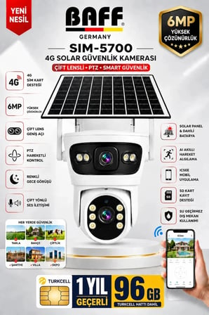 SIM-5700 6MP 4G SIM Kartlı Solar Güvenlik Kamerası Çift Lens PTZ Renkli Gece Görüşlü + 96GB SIM Kart Dahil