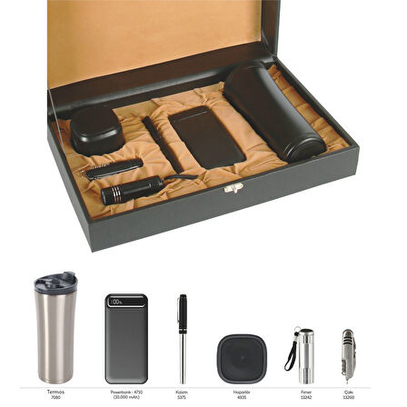 VIP Hediyelik Set - Powerbank, Defter, Kalem, USB Bellek, Hoparlör ve Kartvizitlik (6’lı Set) Gümüş