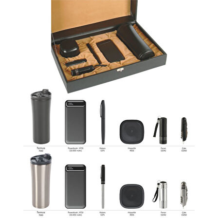 VIP Hediyelik Set - Powerbank, Defter, Kalem, USB Bellek, Hoparlör ve Kartvizitlik (6’lı Set) Gümüş